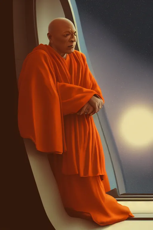 Image similar to portrait of a blind monk in a spaceship, looking out the window, orange robe, dramatic lighting, artstation, matte painting, ralph mcquarrie