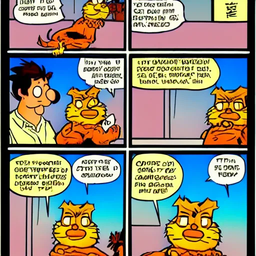 Prompt: garfield comic, garfield fights god