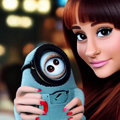 Image similar to ariana grande holding gru from despicable me movie hand 4k