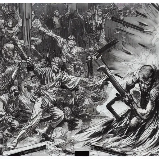 Prompt: yakuzas vs yokais in post-apocalyptic tokyo, composition by Tyler Stout, drawings by gustave doré, anders zorn