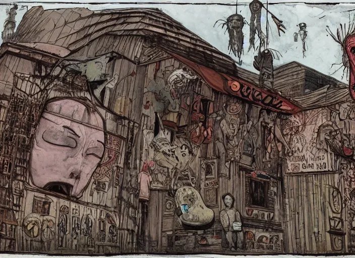 Image similar to a scene from an art housr feature film by alejandro jodorowsky, roger ballen and nobuyoshi araki : : exterior view, retro sci - fi, occult ritual : : a storyboard drawing in the style of enki bilal, moebius and mike mignola, graphic art, 4 k