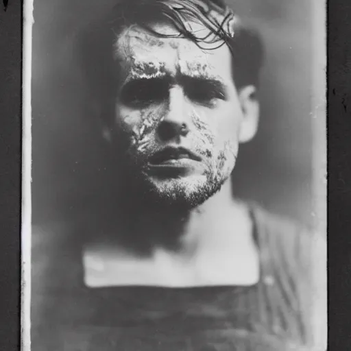 Prompt: A wet-collodion portrait of a man who is in a lake, half of his body is submerged while the other half is above the water, calming, serene, peaceful