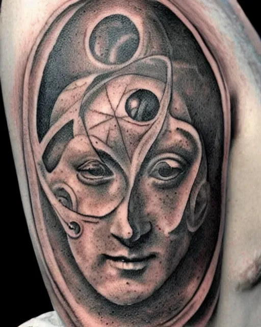 Image similar to planets emerge from the top of a broken renaissance head statue, tattoo design, hyper - realistic, in the style of tony santos