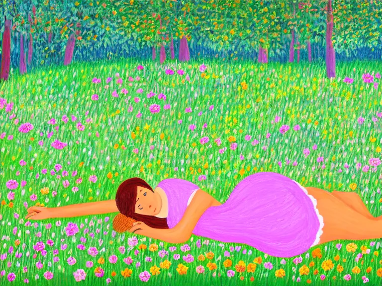 Image similar to painting of view from the distance on girl laying down in the lawn full of flowers that smells like honey amongst forest with her soul connected to the nature around her. in naive art style