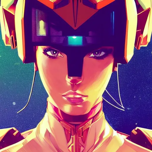 Image similar to portrait of stunning megan fox gundam pilot, with an intricate, detailed, urban inspired hiphop afro futuristic helmet, vector behance hd jesper ejsing, rhads, makoto shinkai, lois van baarle, ilya kuvshinov, rossdraws, hd, 3 2 k, ilya kuvshinov, gustav klimt