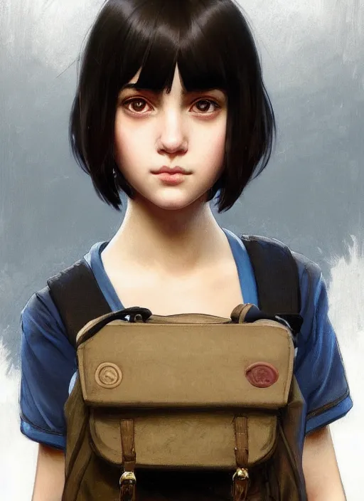 Prompt: Close-up portrait of kind teen girl with short black hair in a bob cut, with a backpack, slightly dirty face, portrait, highly detailed, digital painting, artstation, concept art, sharp focus, illustration, art by artgerm and greg rutkowski and alphonse mucha