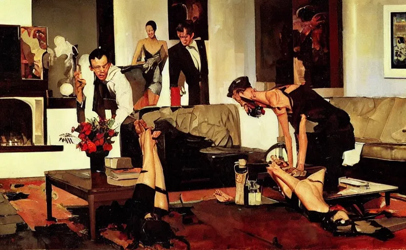 Prompt: a thin man falls over whilst his wife stands on a coffee table in a dark living room, painted by phil hale and rick berry and norman rockwell and dean cornwell and tom lowell, highly detailed