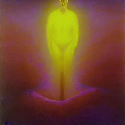 Prompt: kanye west as a zdzisław beksinski painting, surreal, godlike, neon purple shading