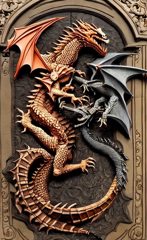 Prompt: knight fighting a dragon, intricate colourfully painted carved wood paneling, dark souls, ivory and copper , artstation