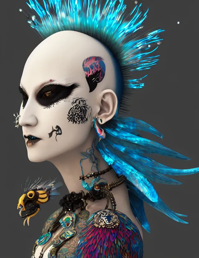 Image similar to 3 d goddess close - up profile portrait russian punk with mohawk with ram skull. beautiful detailed japanese crow kitsune mask and clasical japanese kimono. betta fish, jellyfish phoenix, bio luminescent, plasma, ice, water, wind, creature, artwork by tooth wu and wlop and beeple and greg rutkowski