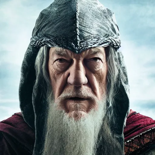 Image similar to profile photo of the evil ian mckellen as gandalf in a dark viking hood playing odin all father from the thor movie, highly detailed, cinematic shot, cinematic lighting, 8 k, exquisit facial detail