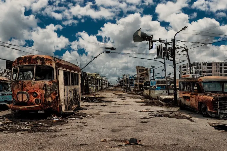 Image similar to low wide angle shot of dilapidated fallout 5 miami, tropical coastal city, desolate, dilapidated neon signs, few rusted retro futuristic vintage parked vehicles like cars, buses, trucks, trams, sunny weather, few clouds, volumetric lighting, photorealistic, daytime, spring, sharp focus, ultra detailed, 4 0 0 0 k