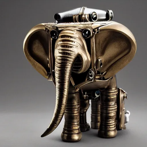 Prompt: hybrid elephant robot, walking towards the camera, steampunk, white, brass, national geographic