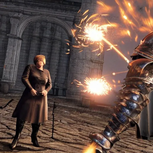 Image similar to Angela merkel praising the sun in Dark Souls 3