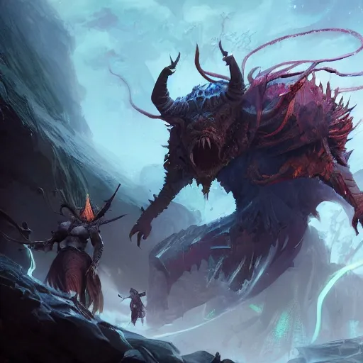 Image similar to magic the gathering commanders and frightening beast fight, magnificent, close up, details, sharp focus, elegant, highly detailed, illustration, by Jordan Grimmer and greg rutkowski and PiNe and Imoko and wlop and maya takamura, intricate, beautiful, Trending artstation, pixiv, digital Art.