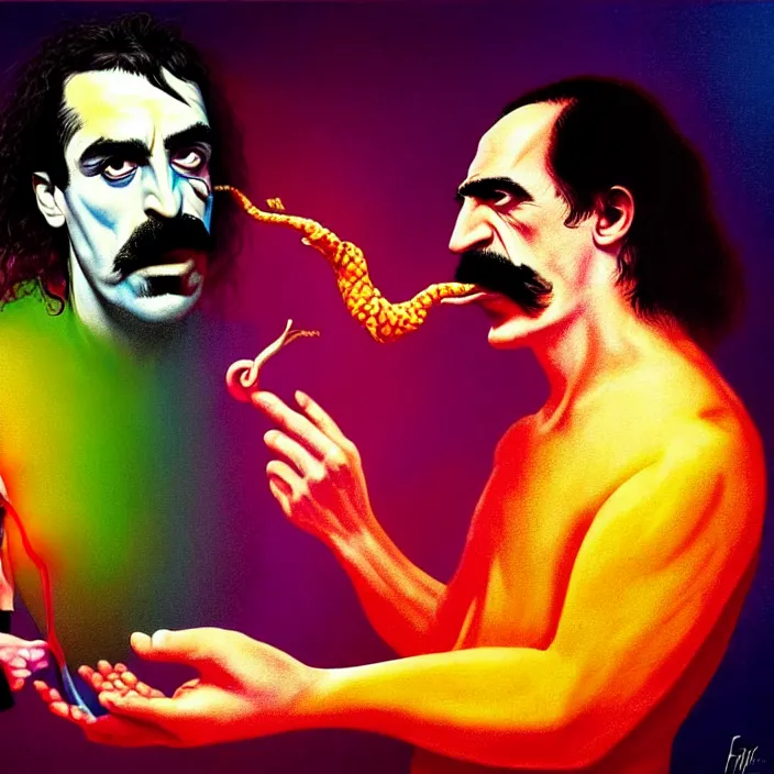 Image similar to bright psychedelic mike patton eating frank zappa who is puking hitler, diffuse lighting, fantasy, intricate, elegant, highly detailed, lifelike, photorealistic, digital painting, artstation, illustration, concept art, smooth, sharp focus, art by francis bacon