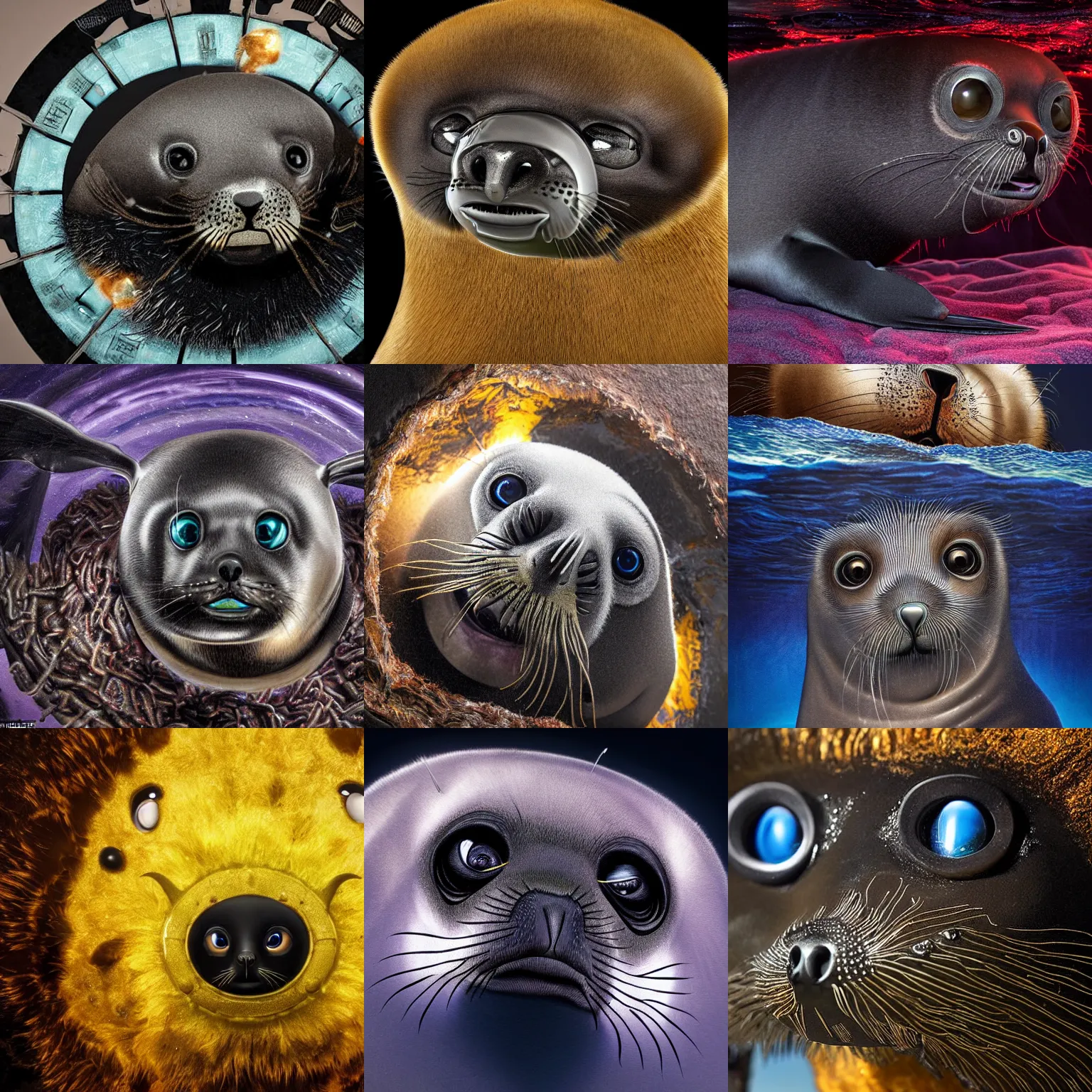 Prompt: a a offshore oil mounted in the head of a south american fur seal australis, key visual, ambient lighting, highly detailed by greg'craola'simkins and kris kuksi, apocaliptic, zoom out,