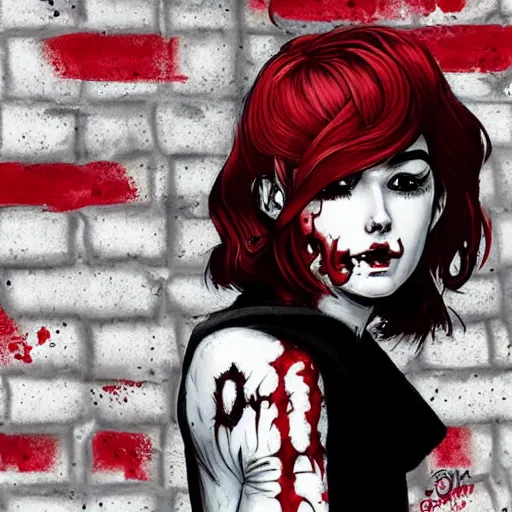 Prompt: Highly detailed portrait of pretty punk zombie young lady with, freckles and beautiful hair by Atey Ghailan, by Loish, by Bryan Lee O'Malley, by Cliff Chiang, inspired by image comics, inspired by graphic novel cover art, inspired by izombie !! Gradient red, black and white color scheme ((grafitti tag brick wall background)), trending on artstation