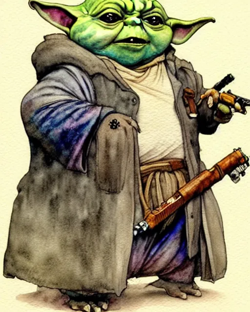 Image similar to a realistic and atmospheric watercolour fantasy character concept art portrait of a fat adorable dirty chibi yoda wearing a wife beater and holding a handgun, by rebecca guay, michael kaluta, charles vess and jean moebius giraud