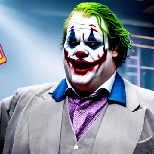 Image similar to stunning awe inspiring chris farley as the joker movie still 8 k hdr atmospheric lighting