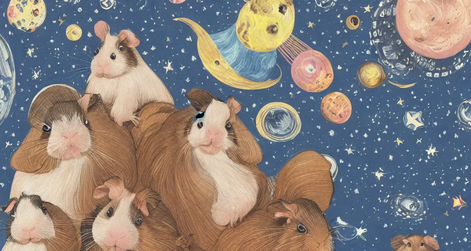 Image similar to realistic guineapigs's portrait on the cover of vogue magazine flying in space suits, deep dark universe, twinkling and spiral nubela, warmhole, beautiful stars, 4 k, 8 k, by hokusai, samurai man vagabond, detailed, editorial illustration, matte print, concept art, ink style, sketch, digital 2 d