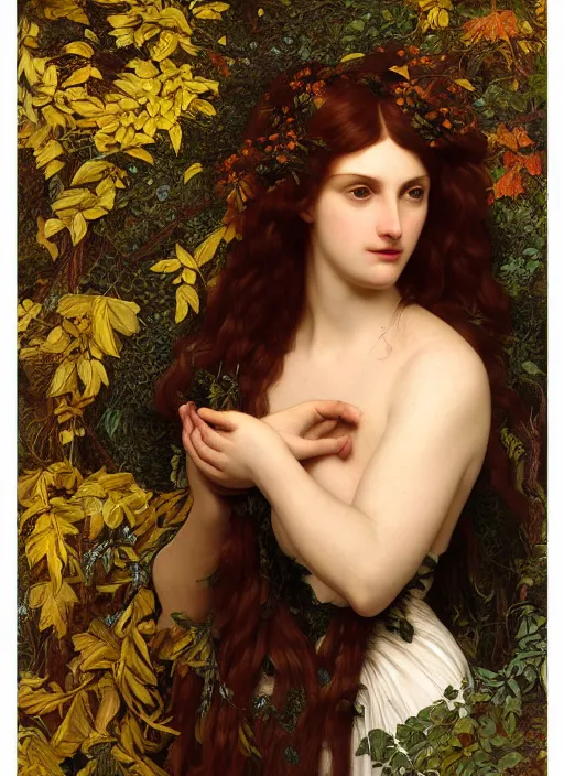 Image similar to masterpiece beautiful seductive flowing curves preraphaelite face portrait amongst leaves, extreme close up shot, straight bangs, thick set features, yellow ochre ornate medieval dress, magpie, amongst foliage mushroom forest circle arch framing, kilian eng and frederic leighton and rosetti, 4 k