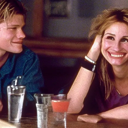 Image similar to Julia Roberts as a student sitting in a college pub, talking to the very handsome blond bartender and eating a big fish, stills photo from the movie Good Will hunting