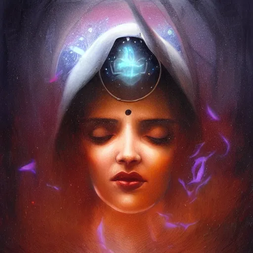 Prompt: old Desi majestic lady guru, looking upwards, despair, kneeling, mystic, blue, by Anato Finnstark, Tom Bagshaw, Brom