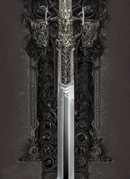 Image similar to legendary sword of technology, intricate black and iridescent blade, ornate gothic baroque spikes, glowing handle, detailed realistic, ray tracing, colored gems, art by greg rutkowski