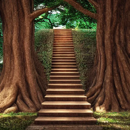 Prompt: a tree formed as a temple, wooden stairs, photo taken by nikon, sharp focus, highly detailed, octane render, 4 k