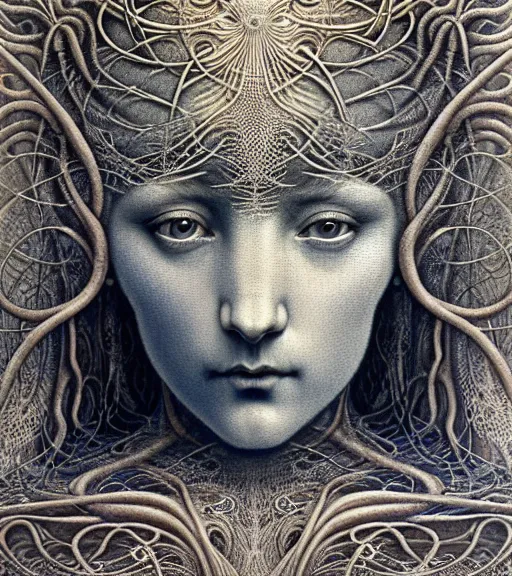 Prompt: detailed realistic beautiful frost goddess face portrait by jean delville, gustave dore, iris van herpen and marco mazzoni, art forms of nature by ernst haeckel, art nouveau, symbolist, visionary, gothic, neo - gothic, pre - raphaelite, fractal lace, intricate alien botanicals, ai biodiversity, surreality, hyperdetailed ultrasharp octane render