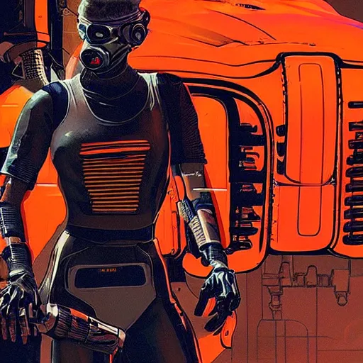 Image similar to mechanic wearing cyberpunk 2 0 7 7 industrial mechanical arms. orange and black color scheme. mechanical concept art by james gurney and mœbius.