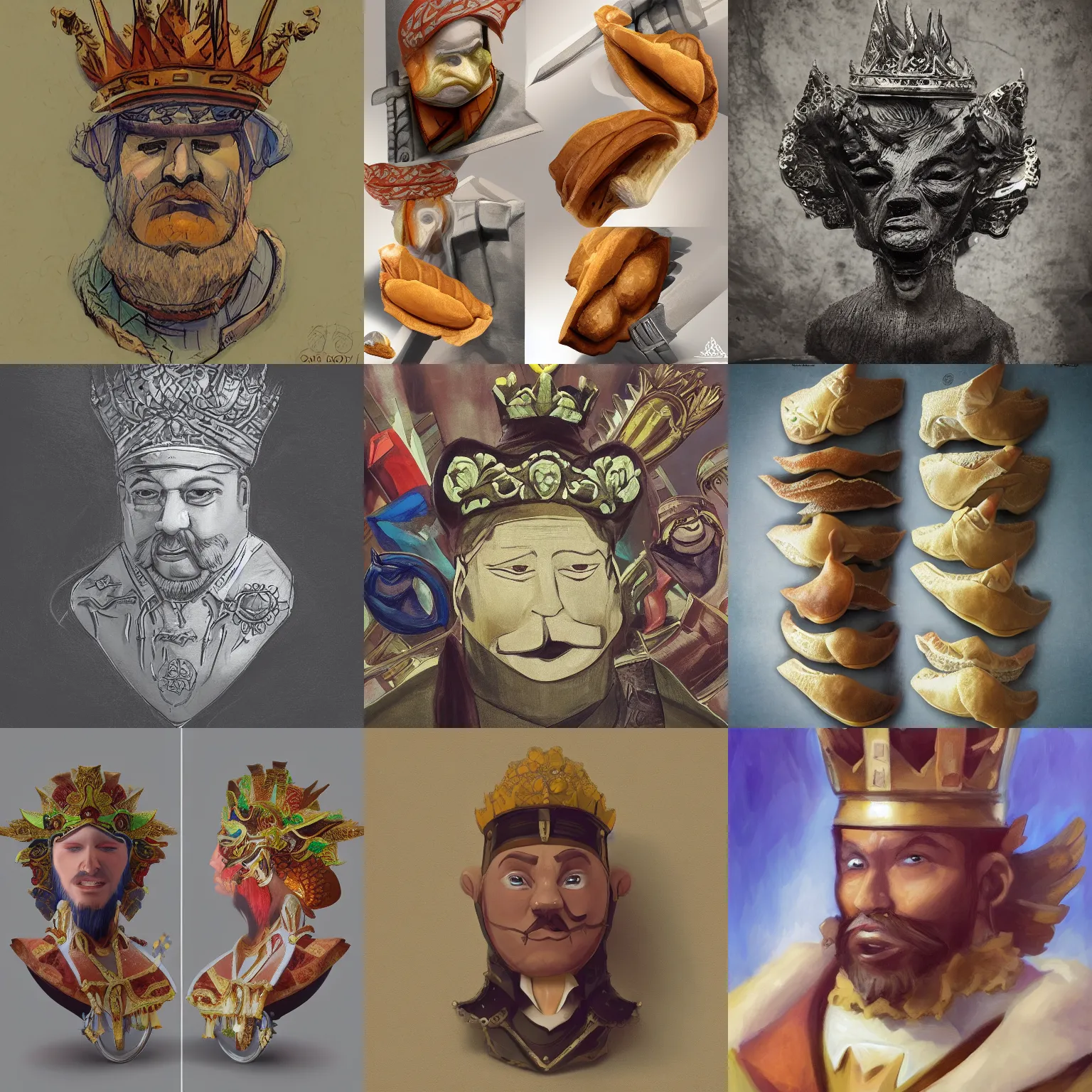 Prompt: empanada king, head of empanada, empanada crown, scepter, artstation, fantasy art, low-angle, portrait bust, glory, glorious, mighty, noble, regal