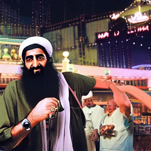 Prompt: Osama Bin Laden having the time of his life in Las Vegas
