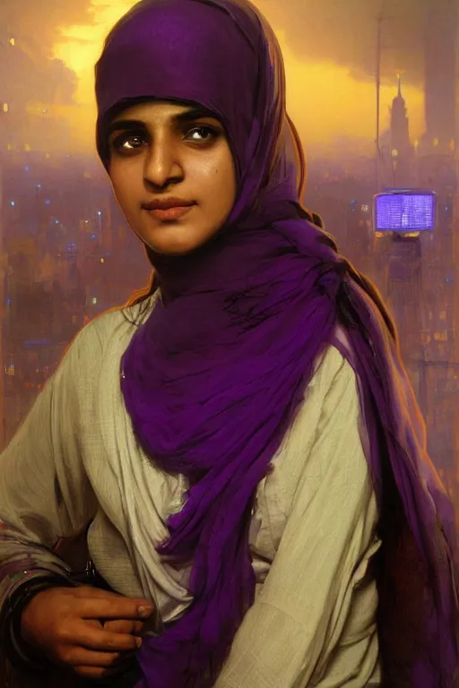 Image similar to hyperrealist portrait of a young hyderabadi muslim american woman wearing a purple niqab, it is decorated with long wires and computer monitors are all over their body within the cyberpunk office background. by jeremy mann and alphonse mucha, fantasy art, photo realistic, dynamic lighting, artstation, poster, volumetric lighting, very detailed faces, 8 k, award winning