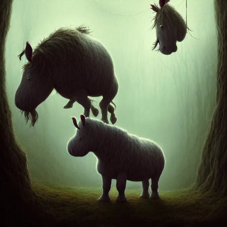 Image similar to epic professional digital art of hungry eeyore, atmospheric lighting, painted, intricate, detailed, by leesha hannigan, wayne haag, reyna rochin, ignacio fernandez rios, mark ryden, iris van herpen, best on artstation, best on cgsociety, epic, stunning, gorgeous, much wow, cinematic, masterpiece.