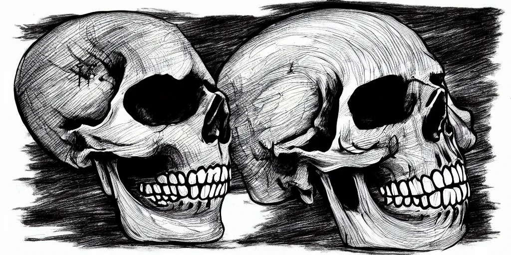 Prompt: ink lineart drawing of a screaming skull on a white background, crosshatch, chinese brush pen illustration, high contrast, deep black tones, contour