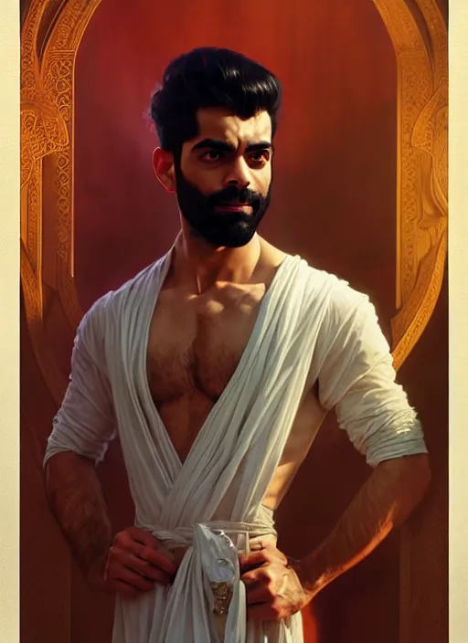 Prompt: Portrait of Rahul Kohli, D&D, muscular, robes, intricate, elegant, highly detailed, digital painting, artstation, concept art, smooth, sharp focus, illustration, art by artgerm and greg rutkowski and alphonse mucha