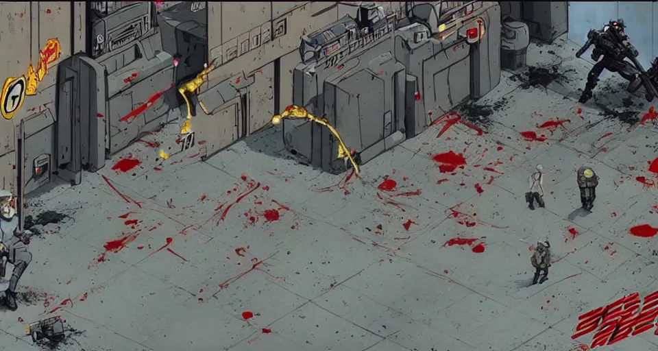 Prompt: 1995 Video Game screenshot for Akira style Anime Neo-tokyo Cyborg bank robbers vs police, Set inside of Office, Multiplayer set-piece Ambush, Tactical Squads :10, Police officers under heavy fire, Suppressive fire, Pinned down, Destructible Environments, Gunshots, Headshot, Bullet Holes and Anime Blood Splatter, :10 Gas Grenades, Riot Shields, MP5, AK45, MP7, P90, Chaos, Anime Machine Gun Fire, Gunplay, Shootout, :14 FLCL + Akira, Cel-Shaded:15, Created by Katsuhiro Otomo + Studio Gainax: 20