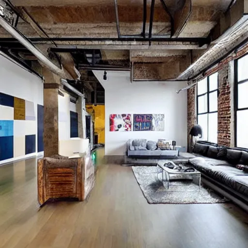 Image similar to trendy downtown loft with modern murals on the wall, contemporary art, and patterns, interior design, rustic industrial architecture