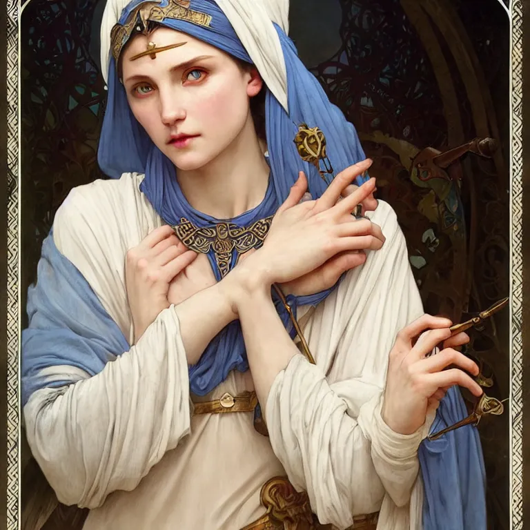 Prompt: Portrait of a female cleric with kerchief covering her ears, casting a glowing spell. Western European, Slavic. Blue eyes, black hair, porcelain skin, full lips, high slanted cheekbones. Fantasy art by artgerm and greg rutkowski and alphonse mucha, intricate, elegant, highly detailed, dramatic lighting, illustration, award winning on artstation, D&D, AD&D.