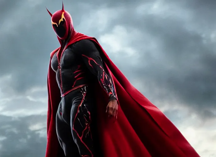 Image similar to film still of michael b jordan as spawn in the new spawn movie, giant chains, large cape, 8 k