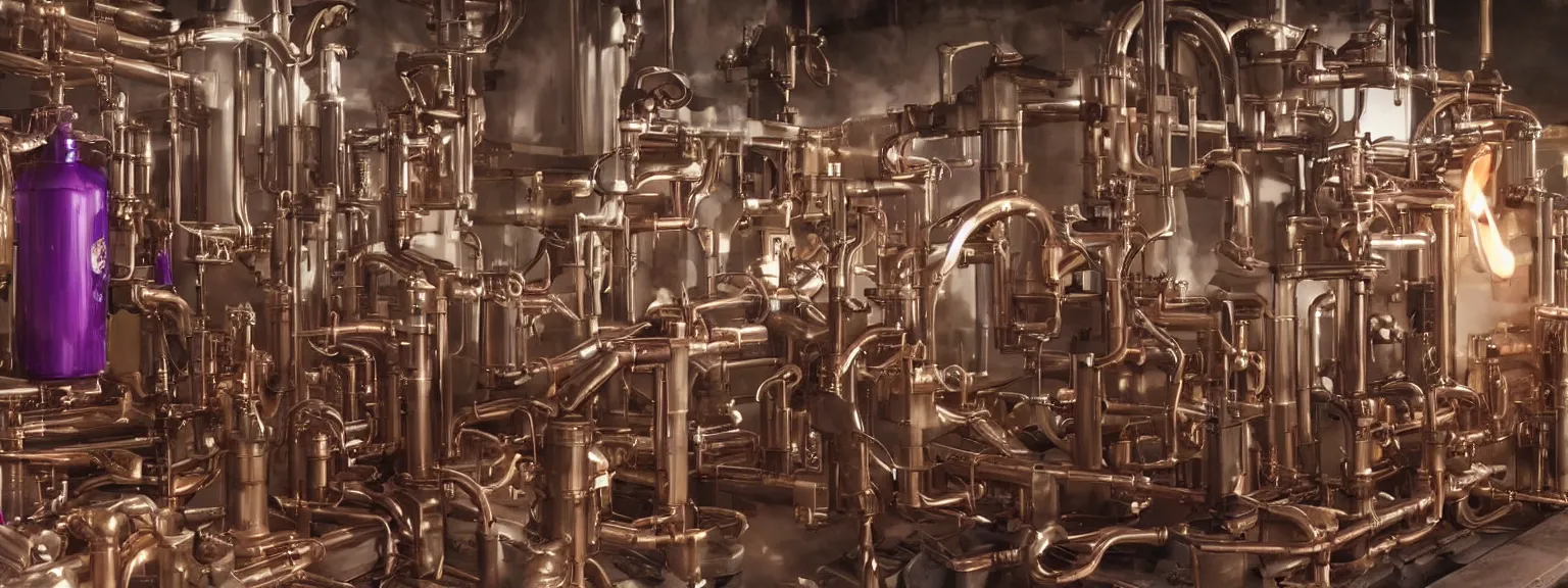 Image similar to a super high resolution film still of machine apparatus for making snake oil, huge copper machine fed by a hopper of snakes, purple and green pipework, directed by denis villeneuve, 8 k, snake machine, cinematic lighting