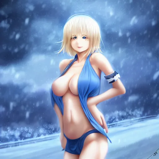Image similar to full body shot : a very beautiful mature blond anime girl in a snowstorm, beanie, sky blue eyes,, bikini, miniskirt, highly detailed, cinematic wallpaper by stanley artgerm lau