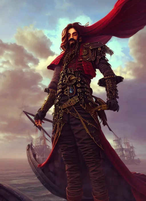 Image similar to upper body shot of male pirate, D&D, handsome, fantasy, intricate, long hair, steampunk airship in backdrop, steampunk, red hair, elegant, highly detailed, digital painting, artstation, concept art, smooth, sharp focus, illustration, art by artgerm and greg rutkowski and alphonse mucha