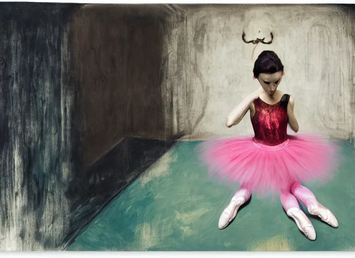 Image similar to portrait of nervous young girl ballerina sitting on the floor focusing in a dance hall by hernan bas and francis bacon and pat steir and hilma af klint, psychological, photorealistic, symmetrical face, dripping paint, washy brush, matte painting, rendered in octane, altermodern, masterpiece