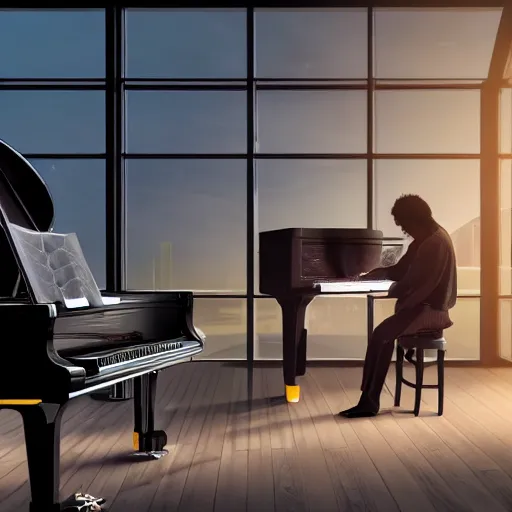 Image similar to a cyborg playing the piano in a futuristic apartment, award winning art, 4k, highly detailed, sharp focus, cinematic lighting, smooth