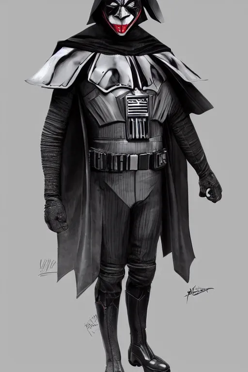 Image similar to Joker wearing vader's armor suit, full character, artstation, highly detailed, highly realistic