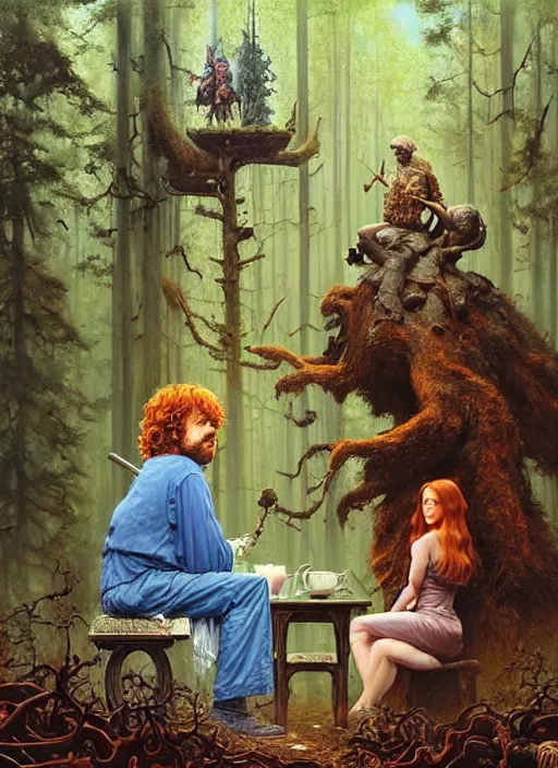 Prompt: peter dinklage having tea with isla fisher at a shrine in the woods gorgeous lighting, lush forest foliage blue sky a hyper realistic painting by chiara bautista and beksinski and norman rockwell and greg rutkowski weta studio, and lucasfilm