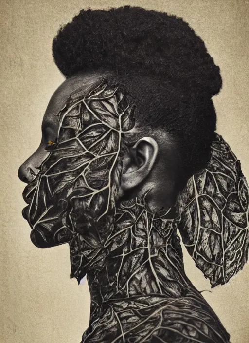 Prompt: a beautiful black woman's face in profile made of leaf and floral skeleton, in the style of the dutch masters and gregory crewdson, dark and moody, 8 k, matte, intricate detail, hyper detailed, surrealism